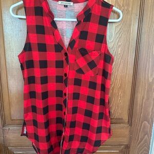 Red and Black Buffalo Plaid Sleeveless Button-Down Shirt